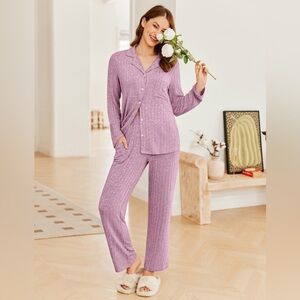 NWT Soft Ribbed Knit Pajama Set Button Top Pants Heather Purple